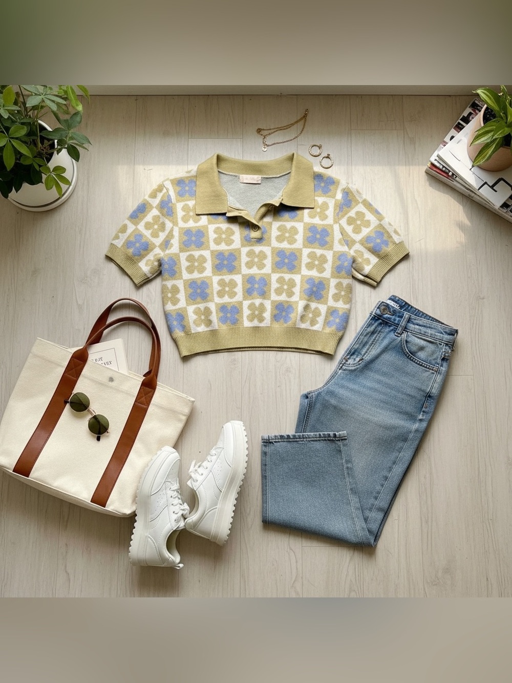 Altar’d State Cropped Knit Top in Sage, Blue & Cream